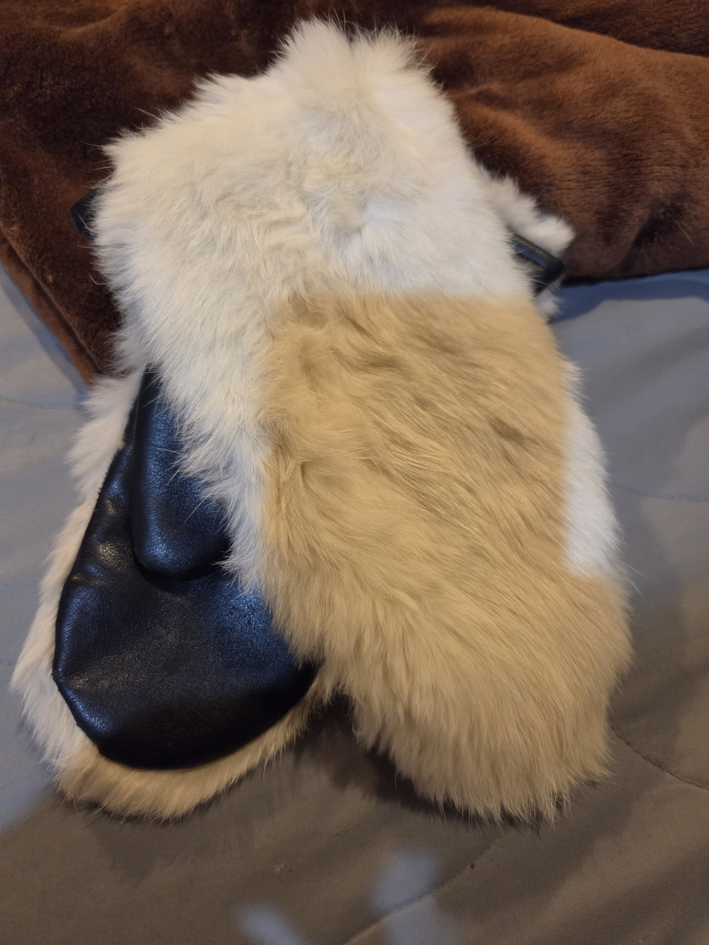 Rabbit Fur And Faux Leather Mittens